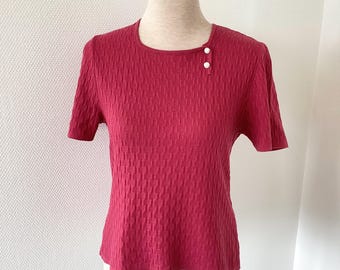 Vintage 1970s sweater / embroidered pink knit top / white flower buttons / size S / made in France / French vintage 70s sweater