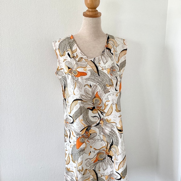 1960s vintage dress / short dress with white, black and orange flowers / old summer dress / handmade / French vintage dress 60's