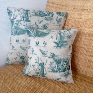Cushion cover in vintage green toile de jouy in linen 40x40 cm and 30x30 cm handmade / french cushion cover