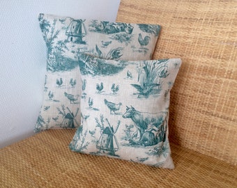 Cushion cover in vintage green toile de jouy in linen 40x40 cm and 30x30 cm handmade / french cushion cover