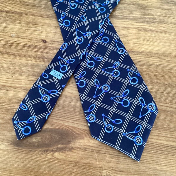 CÉLINE vintage silk tie 1970 / blue and white geometric patterns / French manufacturing / handmade / French vintage tie 70’s