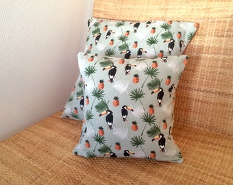 Cushion cover in cotton gray green printed birds and pineapple vintage style 30x30 cm and 40x40 cm / handmade / cushion cover