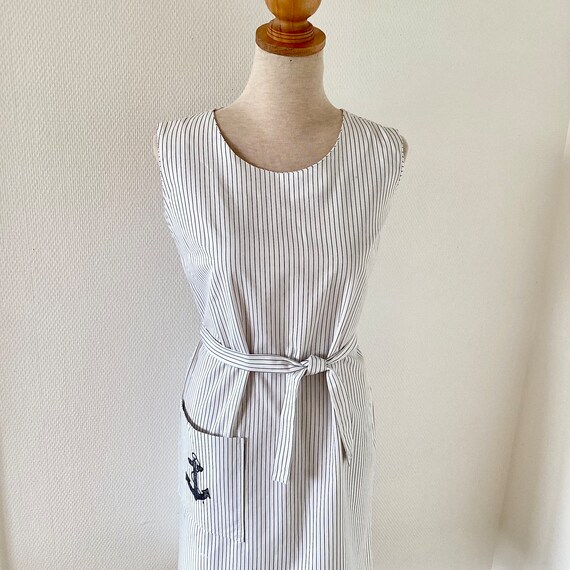 Vestido vintage 1970 vestido de algodon blanco con rayas negras vestido azul marino tinta hecho a mano fabricacion francesa vestido vintage