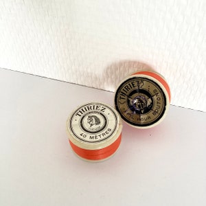 Old 1940 thread reel / orange cotton thread / vintage Thiriez haberdashery / French antique spool of thread 40&#39;s