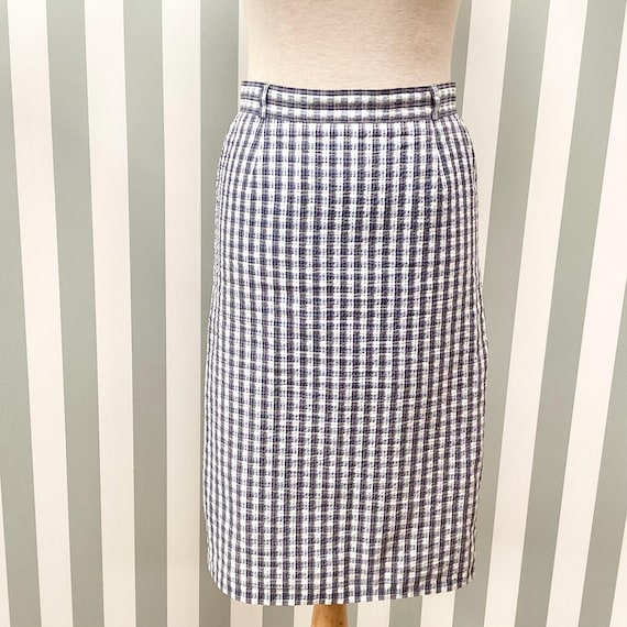 Jupe vintage 1980 / 1 2 3 / jupe droite en coton blanc carreaux écossais bleus / made in France / french vintage skirt 80’s