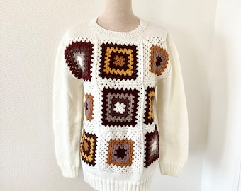 Vintage sweater from the 1970s / orange crochet beige wool sweater / handmade / French manufacturing / French vintage jacket 70’s
