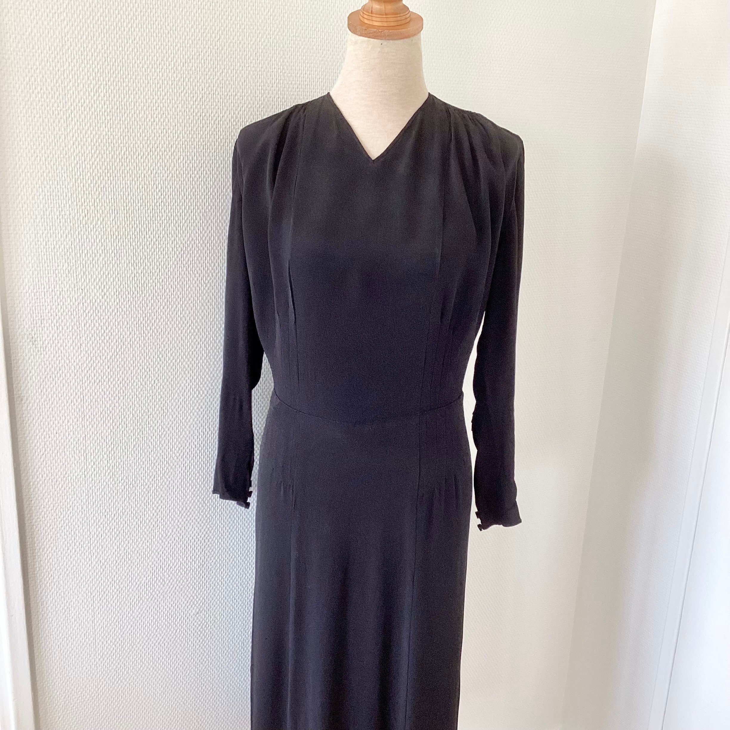 Magnfque Robe Longue Années 1940s En Crêpe Nor, Franças, Talle 40