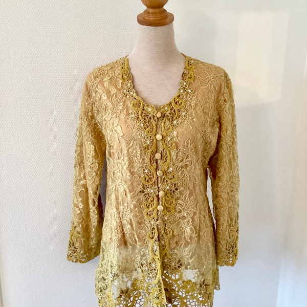 Veste en dentelle vintage 1970 / veste longue en dentelle jaune brodée perles strass / fabrication française / french vintage jacket 70’s