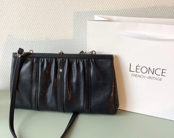 Vintage 1970s leather bag / small navy blue and gold leather shoulder bag / drawstring handbag / leather goods / French vintage bag 70s