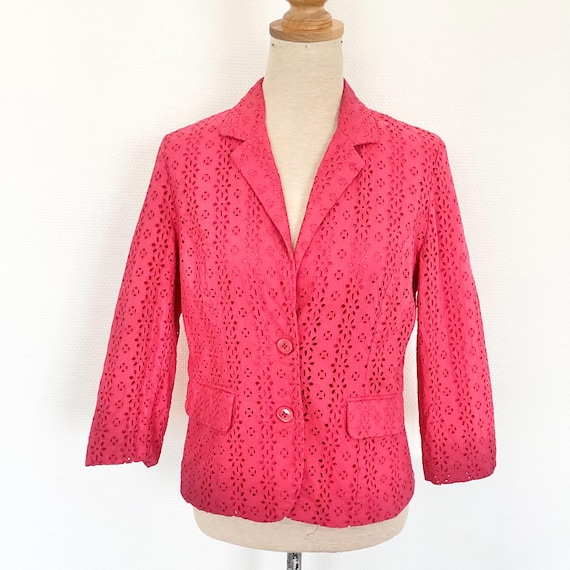 Oscar de la Renta, Veste OSCAR de la renta 1990 / veste courte en coton dentelle rose fuchsia / taille S / veste cérémonie / american vintage shirt 90’s