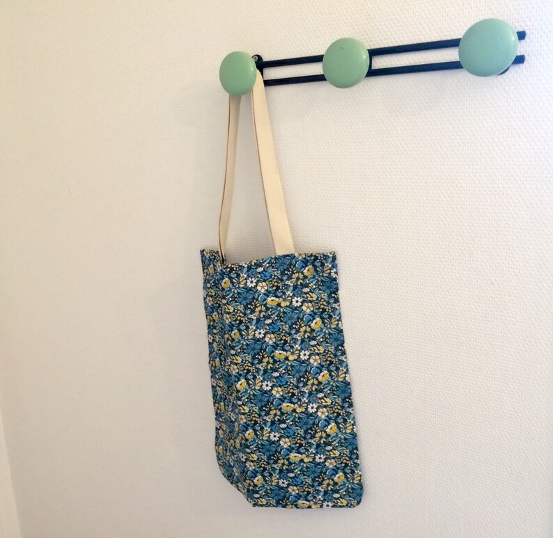 tote bag in cotton printed liberty yellow and blue flowers vintage style French fabric bag