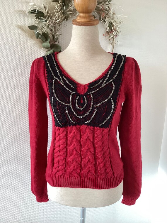 Maglione ricamato vintage 1980 maglione di cotone rosso scuro