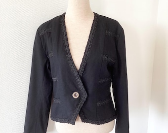 Giacca vintage anni '80 / giacca di lana nera ricamata / blazer corto / tailleur da donna / giacca formale / camicia francese vintage anni '80