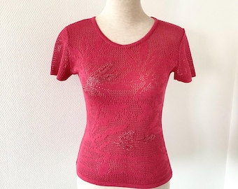 Vintage 1980s Christian Lacroix top / embroidered pink mesh top / sequin embroidery / size S / made in France / French vintage 80s sweater