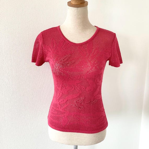 Christian Lacroix, Top Christian Lacroix vintage 1980 / top en maille rose brodé / broderie paillettes / taille S / made in France / french vintage pull 80’s