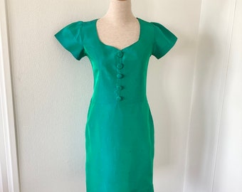 Robe vintage verte 1970 / petite robe taffetas vert de cérémonie / motifs bleus / fait main / taille S / French vintage dress 70’s