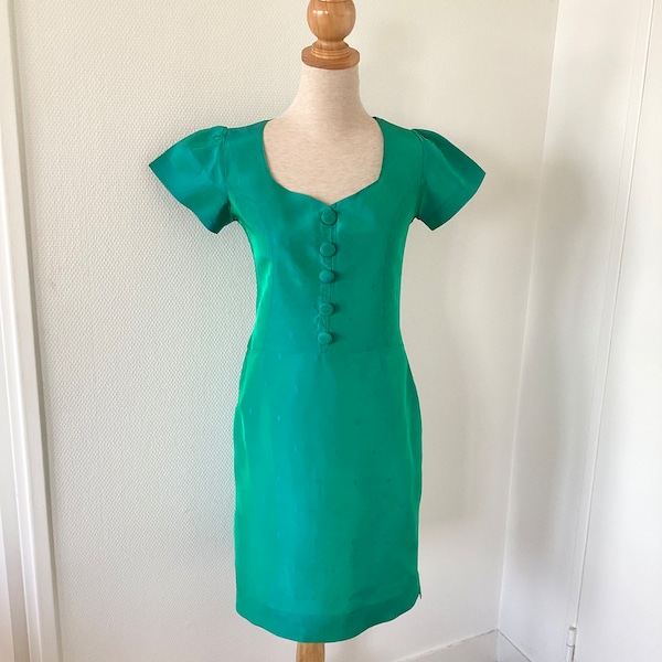 Robe vintage verte 1970 / petite robe taffetas vert de cérémonie / motifs bleus / fait main / taille S / French vintage dress 70’s