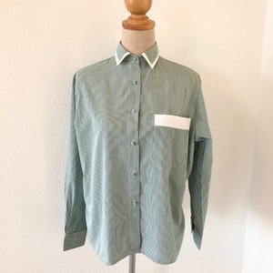 Vintage shirt 1970 striped green and white / women&#39;s cotton shirt / antique clothing / french manufacture / french vintage shirt 70&#39;s