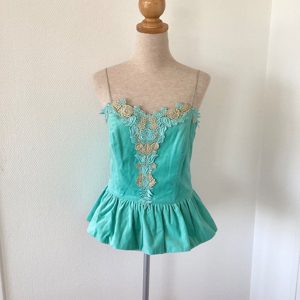 Corset velours manoush 1990 / top en velours turquoise brodée  de dentelle dorée / corset patineuse / french vintage blouse 90’s