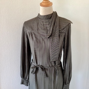 Dress COURRÈGES vintage 1970 / black midi dress striped gold ceremony / French manufacture / size S / French vintage dress 70&#39;s