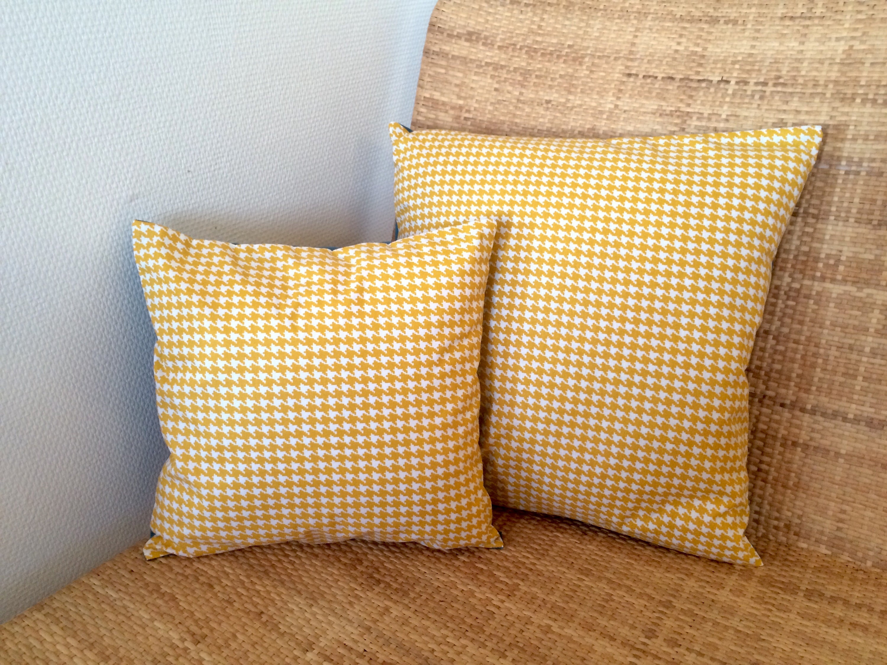 Housse de Coussin en Coton Vintage 30x30 cm et 40x40 cm, Imprimé Pied Poule Jaune Blanc, Dos Bleu/Cu