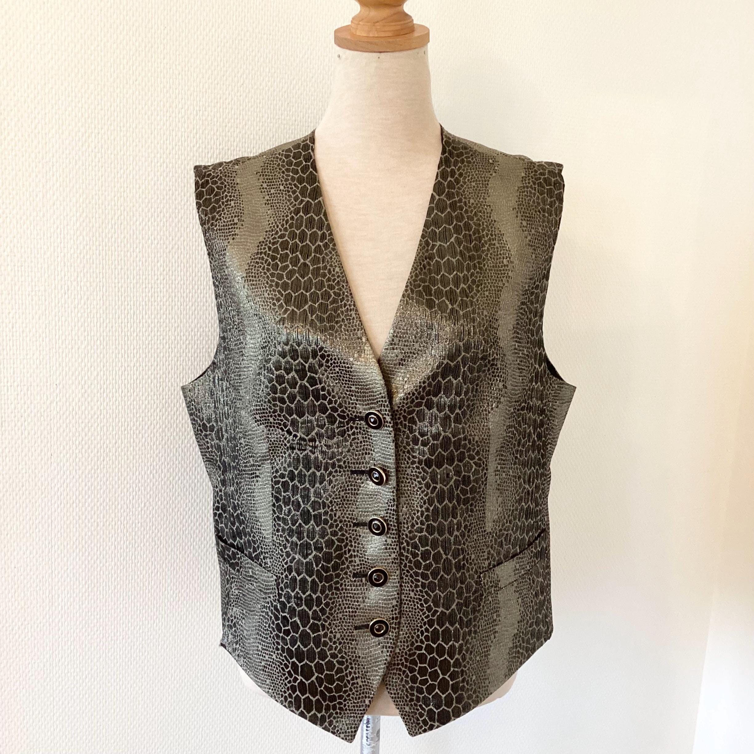 Vintage 1980s waistcoat / sleeveless gold and black leopard cardigan / women's suit / made in Germany / vintage 80s waistcoat