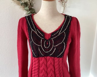 Vintage 1980 embroidered sweater / dark red cotton sweater / black and silver embroidered collar / twisted sweater / French vintage 80’s sweater