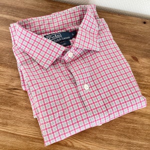Vintage 1980 Ralph Lauren shirt / men&#39;s shirt in white cotton with blue pink checks / long sleeves / French vintage shirt 80&#39;s