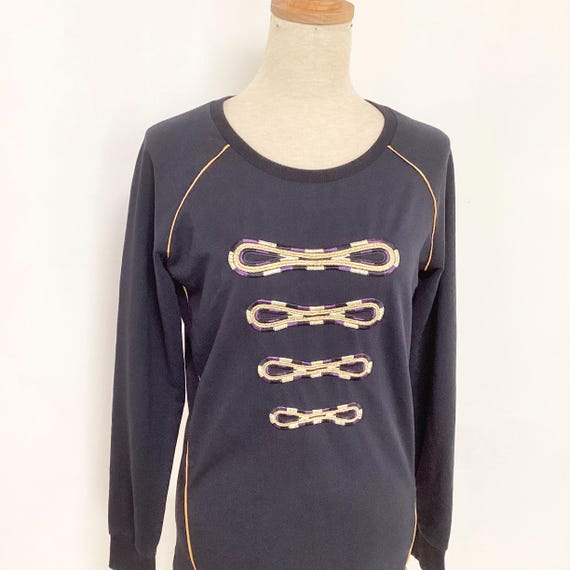 Balmain, Sweat Balmain vintage 1980 / sweat coton bleu marine brodé doré / fabrication française / taille S / french vintage pull 80’s