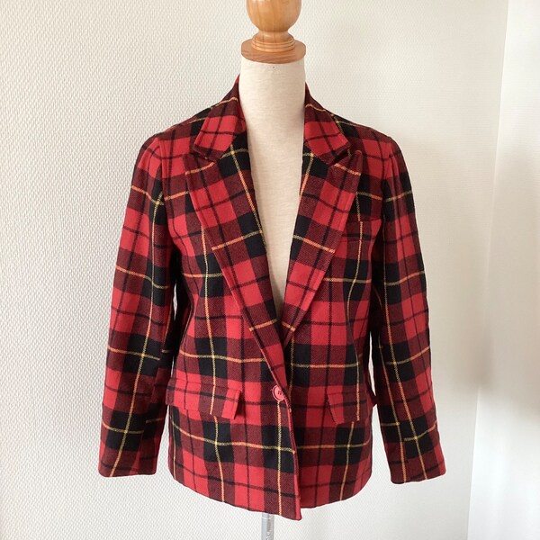 Veste écossaise vintage 1970 / veste laine écossaise rouge noire jaune / made in France / tartan laine / french vintage jacket 70’s