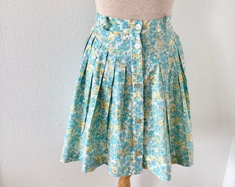 Vintage 1970 midi skirt / white cotton skirt with yellow blue flowers / French manufacture / Carole Richard / French vintage skirt 60&#39;s
