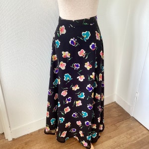 Vintage midi skirt 1980 / long black skirt pink blue white yellow green flowers / homemade / French vintage skirt 80’s