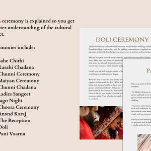 Op de afbeelding: Een gids voor huwelijksceremonies met een lijst van traditionele Indiase huwelijksceremonies, waaronder de Doli-ceremonie, waarbij de bruid van haar ouderlijk huis naar haar nieuwe huis met haar man vertrekt. De gids bevat ook een beschrijving van de Pani Vaarna-ceremonie, waarbij de moeder van de bruidegom de bruid begroet met een pot melk en water.