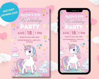 Unicorn Birthday Invitation: Pastel Rainbow, Sparkle Design (Digital Phone Invite)