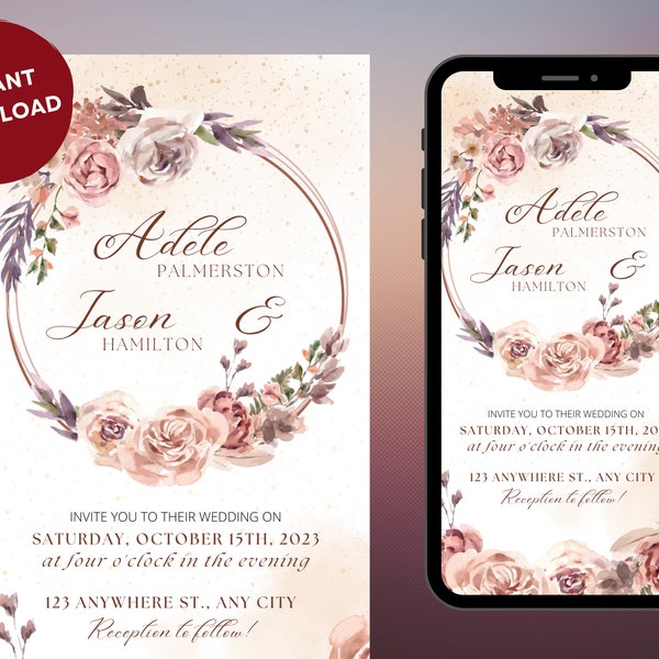 Fall Wedding Invitation Template, Rustic Autumn flowers and foliage, Download Editable Invite, Printable Marriage, Autumn flowers