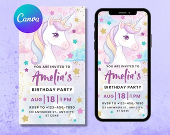 Unicorn Birthday Invitation: Pastel Stars, Girls Party (Digital Canva Template)