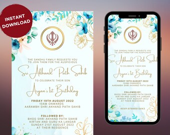 Akhand Path Sahib-uitnodiging: sikh-uitnodiging, blauw bloemdessin (digitale download)
