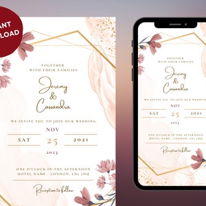 Fall Wedding Invitation Template, Rustic Autumn flowers and foliage, Download Editable Invite, Printable Marriage, Autumn flowers