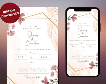 Sjabloon rustieke herfsthuwelijksuitnodiging: bloemen gebladerte (digitale download)