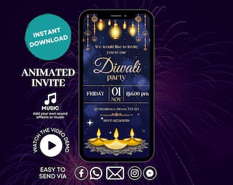 Animated Diwali Party Invite: Blue & Gold Diya Candles (Digital Download)