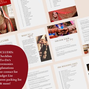 Op de afbeelding: Een bruiloftchecklist met een rood en gouden kleurenschema. De gids bevat checklists, to-do's, ceremonies, uitleg, leverancierscontactlijsten, budgetlijsten, honeymoon-pakkingslijsten en meer. De gids bevat afbeeldingen van een bruid en bruidegom in traditionele Indiase bruiloftskledij.