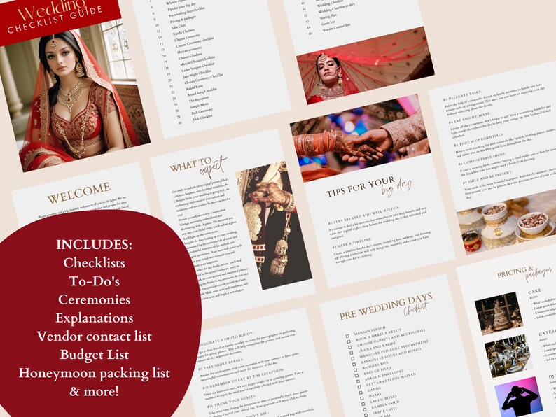 Op de afbeelding: Een bruiloftchecklist met een rood en gouden kleurenschema. De gids bevat checklists, to-do's, ceremonies, uitleg, leverancierscontactlijsten, budgetlijsten, honeymoon-pakkingslijsten en meer. De gids bevat afbeeldingen van een bruid en bruidegom in traditionele Indiase bruiloftskledij.