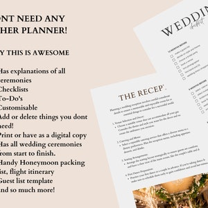 Op de afbeelding: Een afdrukbare checklist voor bruiloften met een roze achtergrond. De checklist bevat secties voor 12 maanden voor de bruiloft, 9 maanden voor, 6 maanden voor, 4 maanden voor, 1 maand voor en 1 week voor. De checklist bevat taken zoals het maken van een gastenlijst, het boeken van een fotograaf en het bestellen van uitnodigingen. De checklist bevat ook een sectie voor "The Recep'" met tips voor het plannen van de receptie.