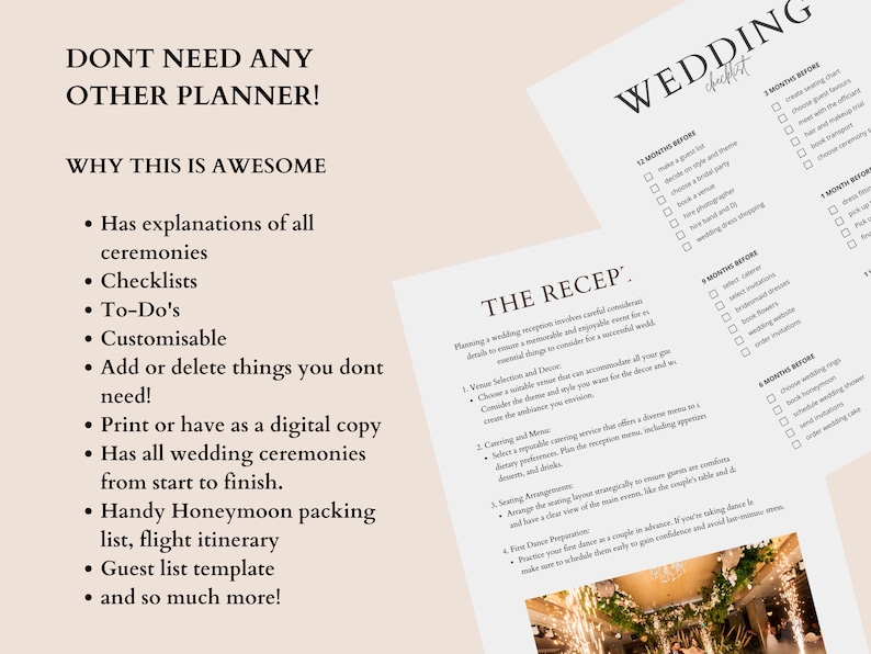 Op de afbeelding: Een afdrukbare checklist voor bruiloften met een roze achtergrond. De checklist bevat secties voor 12 maanden voor de bruiloft, 9 maanden voor, 6 maanden voor, 4 maanden voor, 1 maand voor en 1 week voor. De checklist bevat taken zoals het maken van een gastenlijst, het boeken van een fotograaf en het bestellen van uitnodigingen. De checklist bevat ook een sectie voor "The Recep'" met tips voor het plannen van de receptie.