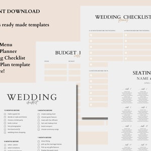 Op de afbeelding: Een printbare checklist voor een bruiloft en een sjabloon voor een zitplaatskaart. De checklist bevat secties voor 12 maanden, 9 maanden, 3 maanden en 1 maand voor de bruiloft. Het sjabloon voor de zitplaatskaart bevat een tabel voor de namen van de gasten en de tafelnummers.