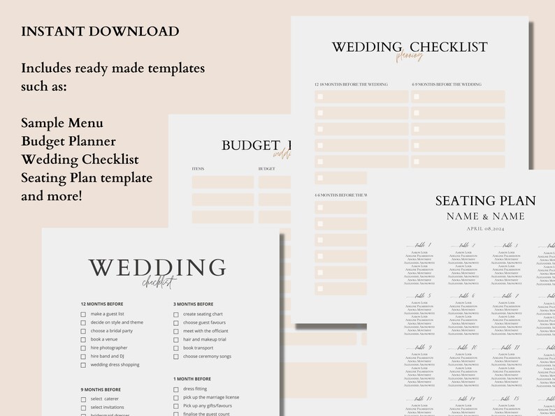 Op de afbeelding: Een printbare checklist voor een bruiloft en een sjabloon voor een zitplaatskaart. De checklist bevat secties voor 12 maanden, 9 maanden, 3 maanden en 1 maand voor de bruiloft. Het sjabloon voor de zitplaatskaart bevat een tabel voor de namen van de gasten en de tafelnummers.