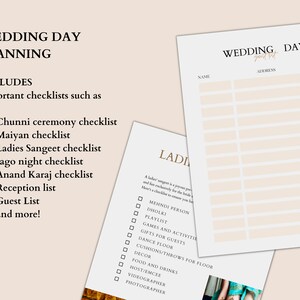 Op de afbeelding: Een afdrukbare checklist voor de planning van de bruiloft met een lijst met belangrijke checklists zoals Chunni-ceremonie checklist, Maiyan-checklist, Ladies Sangeet-checklist, Jago-nacht-checklist, Anand Karaj-checklist, receptielijst, gastenlijst en meer!