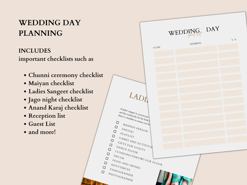 Op de afbeelding: Een afdrukbare checklist voor de planning van de bruiloft met een lijst met belangrijke checklists zoals Chunni-ceremonie checklist, Maiyan-checklist, Ladies Sangeet-checklist, Jago-nacht-checklist, Anand Karaj-checklist, receptielijst, gastenlijst en meer!