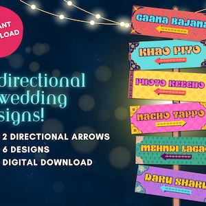 Bollywood style directional wedding signs, Directional Welcome Signs, Fun Signages Directions & Indian art signs, Desi wedding decor