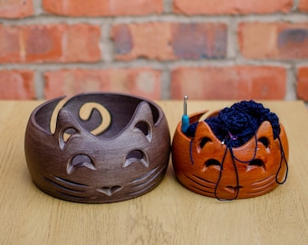Cat Yarn Bowl, Wood-Infused PLA, Hand Polished